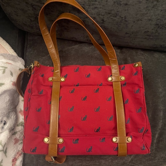 Modcloth Handbags - ModCloth Camp Director Zipped Canvas Tote in Crimson Cat Burgundy Crossbody Bag